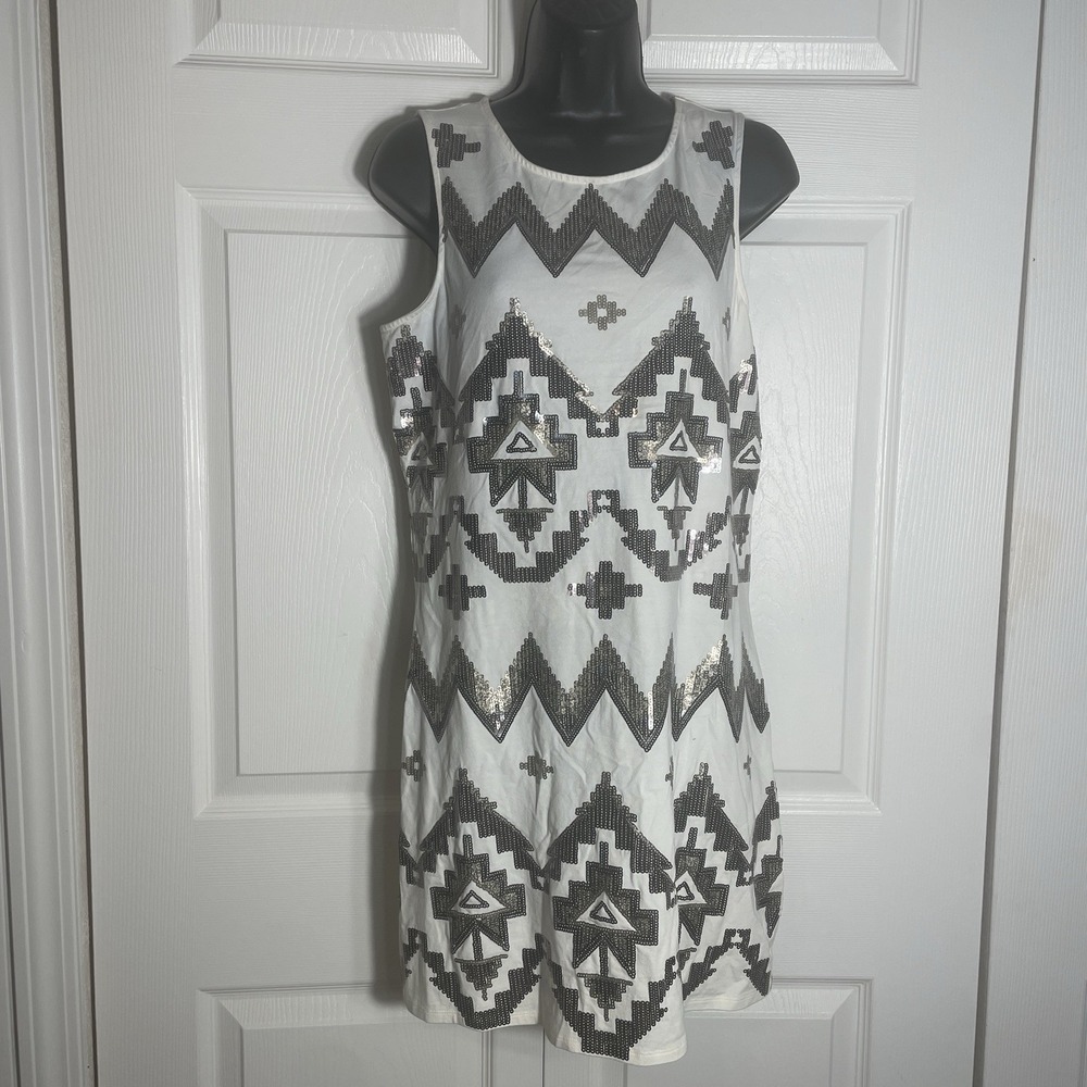 Express Aztec Deco Print Sequin Dress‎ Women L White Sleeveless Sheath Tribal